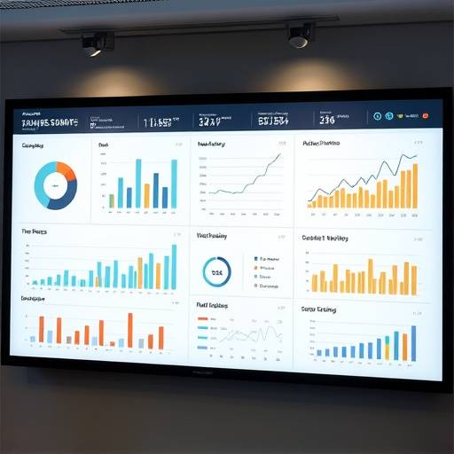 Dashboard interface of a business intelligence software, showing data visualizations and key performance indicators.